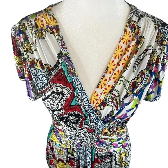 EGERIE PARIS “vogue” Stretch Paisley Colorful Midi Ruched Dress Size T2 (small) - Picture 3 of 9